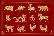 Set Of All 12 Zodiac Animals For Chinese New Year Celebration Design. Vector Illustrations In Paper Cut Style.