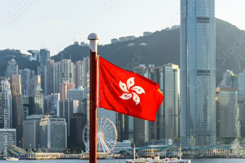 Plakat Flaga Hongkongu i panoramę miasta