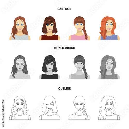 Types Of Female Hairstyles Cartoon Outline Monochrome Icons In Set