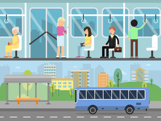 Sticker - horizontal banners with illustrations of urban landscape with transport stations. bus interior with 