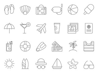 Sticker - Mono line pictures of summer time theme. Vector icons set