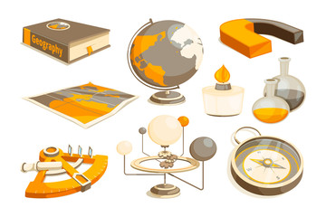 Sticker - Symbols of science and geography. Tools for laboratory. Vector monochrome pictures set