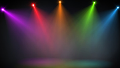 abstract of empty stage with colorful spotlights or Several bright projectors for scene lighting effects . can be used for display or montage your products