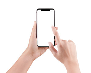 Wall Mural - Isolated female hand holding a cellphone with clipping path, Woman typing on mobile phone isolated on white background.