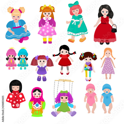 Vector doll toy cute girl female set illustration childhood baby dress face chil Tableau sur Toile