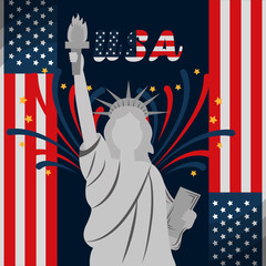 Wall Mural - statue of liberty fireworks and flag ornament american independence day vector illustration