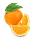 Fototapeta  - Orange fruit isolate. Fresh orange with leaves isolated on white.