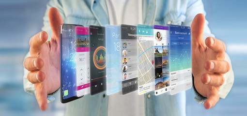 Wall Mural - businessman holding 3d rendering app template on a smartphone