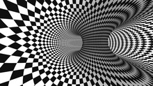 Vector Optical Illusion Black And White Twisted Checker Abstract Background.