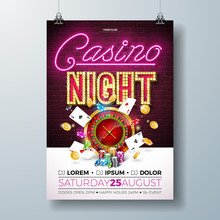 Vector Casino Night Flyer Illustration With Gambling Design Elements And Shiny Neon Light Lettering On Brick Wall Background. Lighting Signboard, Roulette Wheel, Playing Chips, Gold Coin And Poker