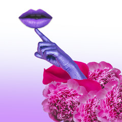 Poster - Painted purple hand coming out of flowers and pointing to violet lips. Contemporary art collage. Concept of memphis style posters. Abstract minimalism