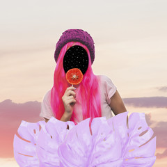 Poster - Girl with pink hair and space instead of a face holding an orange candy against the sky. Contemporary art collage. Concept of memphis style posters.