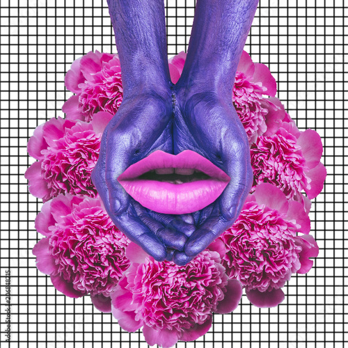 Plakat Purple hands holding a woman's lips on flowers. Contemporary art collage. Concept of memphis style posters. Abstract surrealism and minimalism