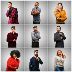 Poster - Group of mixed people, women and men happy and surprised cheering expressing wow gesture