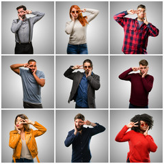 Poster - Group of mixed people, women and men looking at camera through fingers in victory gesture winking the eye and blowing a kiss