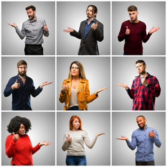 Poster - Group of mixed people, women and men thumb up holding something in empty hand and making ok gesture