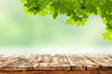 Wall Mural - brown wooden table top with copy space for products and blurred green background with white fog and 