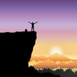 Silhouette of happy man standing raise hand on mountain cliff