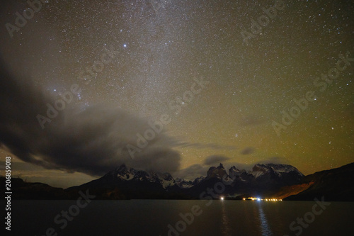 Fotografie, Obraz View of the mountain of Cuernos del Paine in the national park Torres del Paine at night