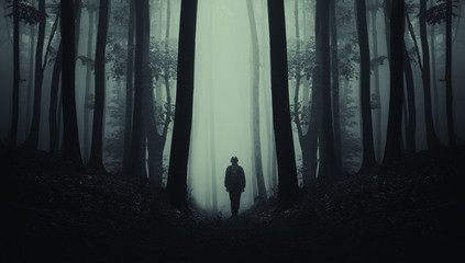 Wall Mural - man on dark scary forest road, surreal landscape