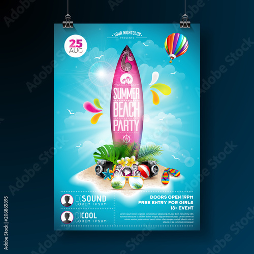 vector-summer-beach-party-flyer-design-with-typographic-elements-on-surf-board-summer-nature-floral-elements-tropical-plants-flower-beach-ball-and-surf-board-on-blue-cloudy-sky-background-design