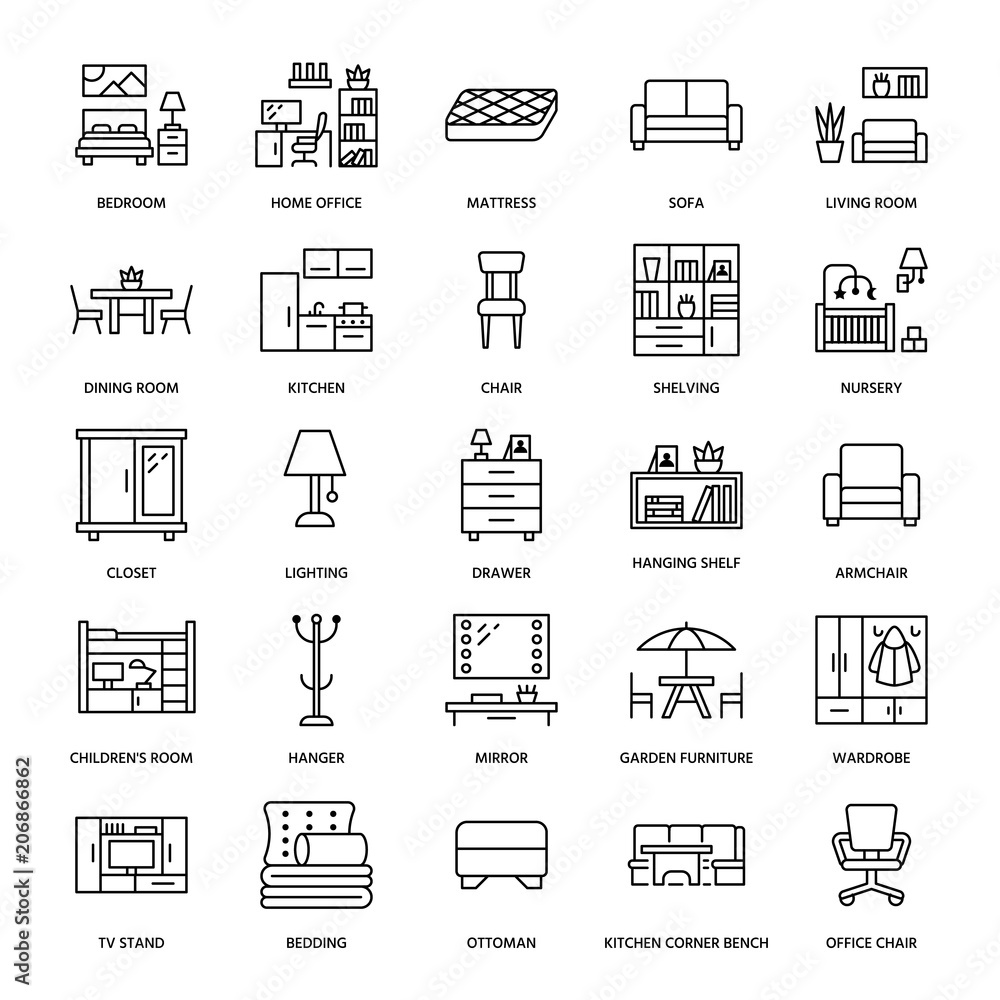 Furniture vector flat line icons. Living room tv stand, bedroom, home ...
