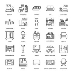Wall Mural - Furniture vector flat line icons. Living room tv stand, bedroom, home office, kitchen corner bench, sofa, nursery, dining table, bedding. Thin signs collection for modern interior store.