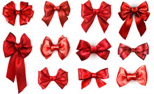 Red Realistic Satin Bows Isolated On White.