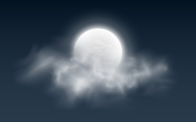 Wall Mural - realistic full moon with clouds on a dark background. white fog. dark night sky. glowing milky moon.