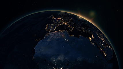 Wall Mural - highly detailed realistic epic sunrise over planet earth. europe night city skyline view from space.