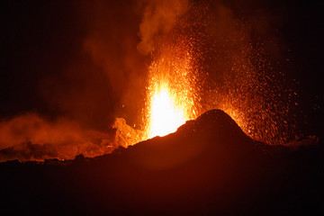 The Piton de la Fournaise volcano during an eruption in Reunion Island