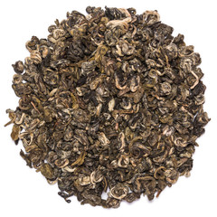 Wall Mural - Pile of dry green tea Bilochun snail isolated on white background. Top view from above