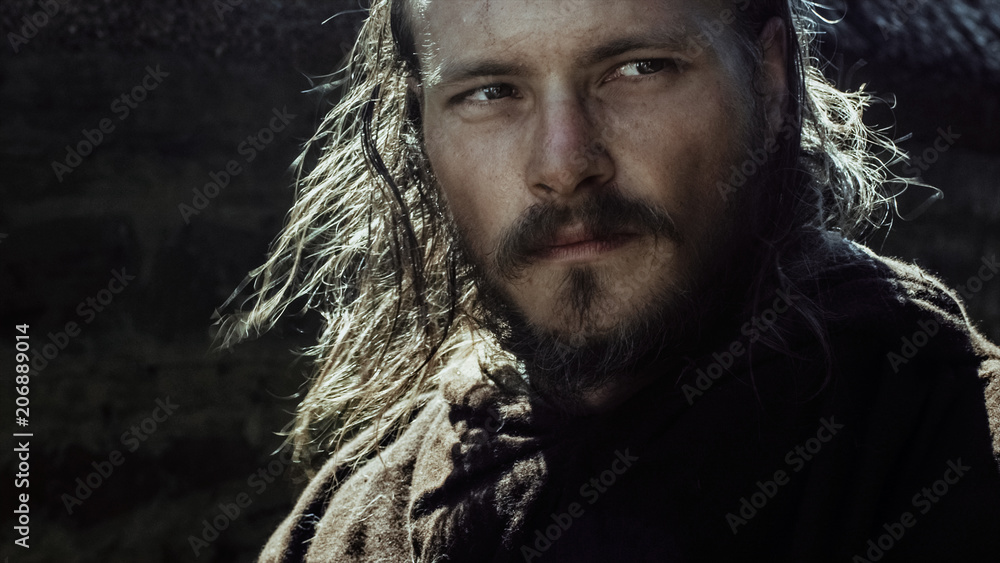 Portrait of Medieval Male Warrior. Medieval Reenactment.