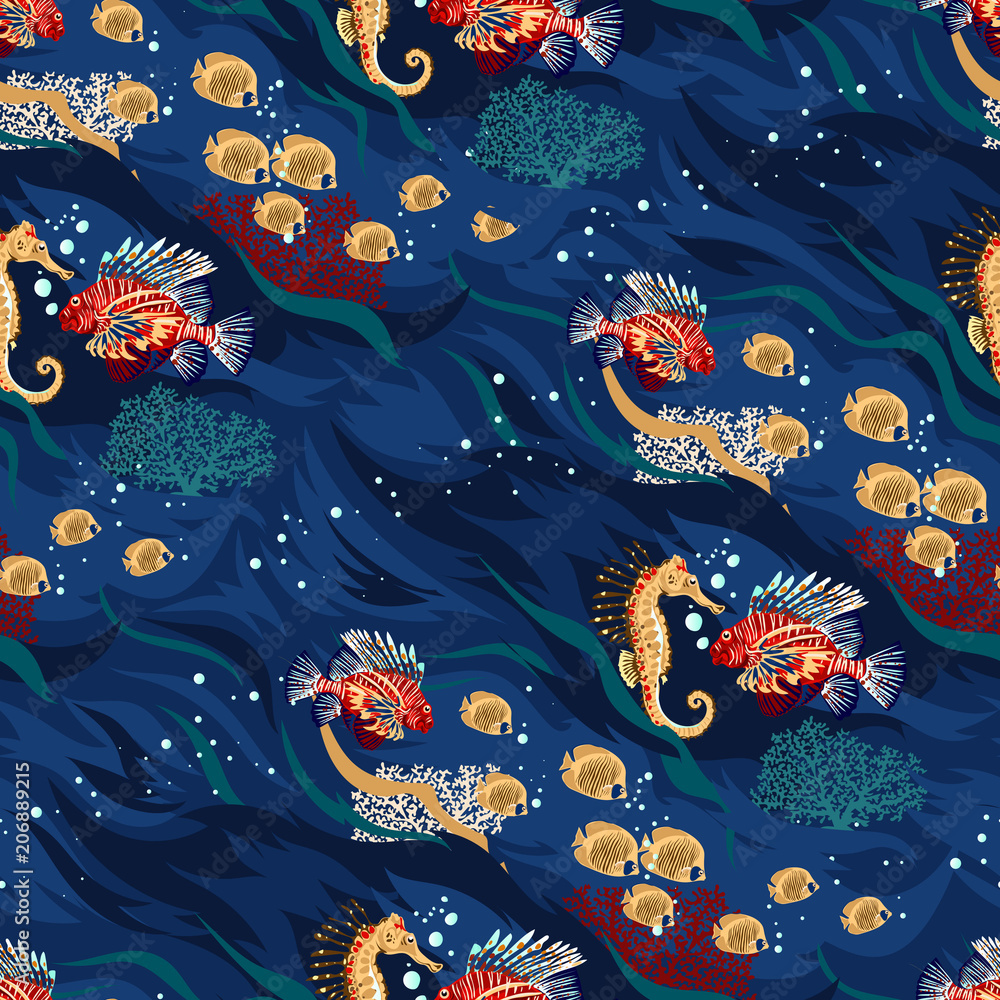 Seamless pattern with animals of the ocean - bright corals and tropical ...
