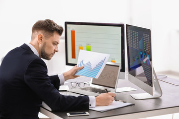 Sticker - Male broker working in office. Finance trading concept