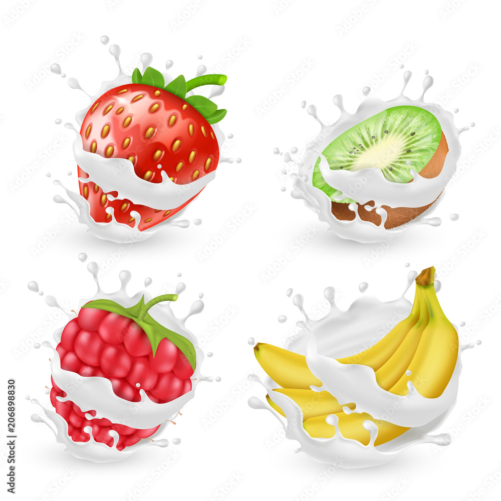 Vector set of juicy summer fruits and berries in milk or cream splashes,  isolated on background. Natural organic food, banana, kiwi, strawberry and  raspberry with yogurt. Clipart for package design Stock Vector |, image size:1000x1000