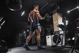 Fototapeta Tęcza - Handsome young fit muscular caucasian man of model appearance workout training in the gym gaining weight pumping up muscle and poses fitness and bodybuilding sport nutrition concept