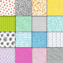 Fototapete - Abstract hand drawn geometric rainbow simple minimalistic seamless patterns set. Polka dot, stripes, waves, random symbols textures. Bright colorful vector illustration. Template for your design