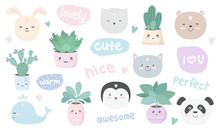 Vector Set Of Cute Stickers With House Plants And Animals