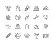 Simple Set of Related Vector Line Icons. Contains such Icons as Bouquet of Flowers, Karaoke, Dj, Masquerade and more. Editable Stroke. 48x48 Pixel Perfect.