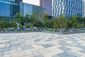 empty brick floor with cityscape and skyline.