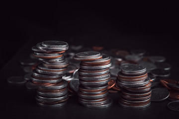 rows of coins for finance and business,Saving money and account finance bank business concept.