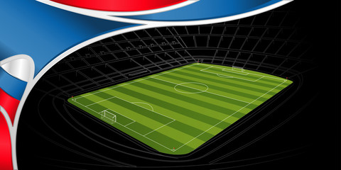 Abstract background of white, blue and red color with the drawing of a stadium with green soccer field on black in the background. Wide size. Vector image