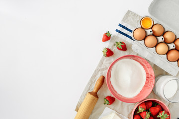 Poster - Set ingredients cooking strawberry pie cake white background border Flat lay top view Eggs flour milk sugar strawberry top view Bakery background Recipe strawberry pie Rustic style