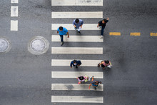 Aerial Photo Top View Of People Walk On Street In The City Over Pedestrian Crossing Traffic Road
