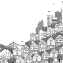 Hand Drawn Black And White Illustration Of San Francisco With Victorian Houses And Empty Space For Text