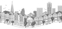 San Francisco, USA - Seamless Banner Of The City's Skyline, Hand Drawn Black And White Illustration