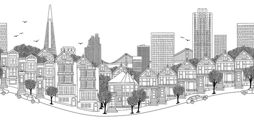 Sticker - San Francisco, USA - seamless banner of the city's skyline, hand drawn black and white illustration