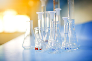 Lab glassware, science laboratory research in the university, Selective focus.