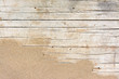 Leinwandbild Motiv Sand on planked wood. Summer background with copy space. Top view